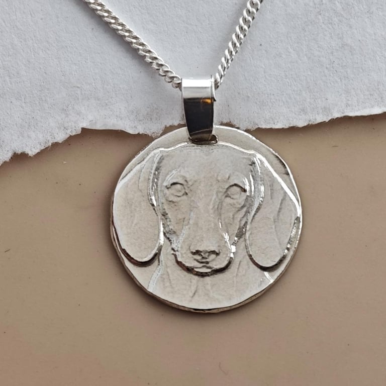 Smooth Haired Dachshund Coin Pendant Necklace Recycled Sterling Silver