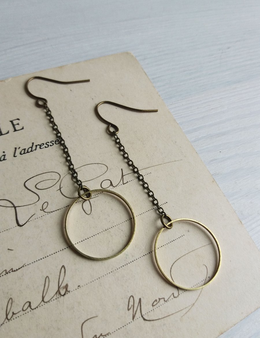 Modern Hoop Earrings on Chains - brass hoops on bronze  chain - minimalist