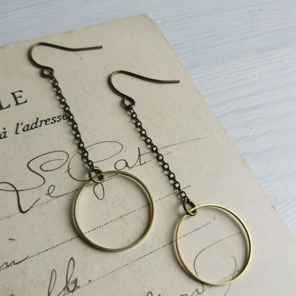 Modern Hoop Earrings on Chains - brass hoops on bronze  chain - minimalist