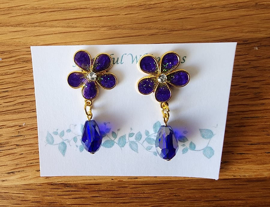 Pretty Purple Flower Stud and Drop Crystal Earrings