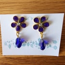 Pretty Purple Flower Stud and Drop Crystal Earrings