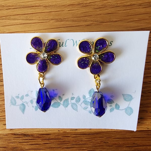 Pretty Purple Flower Stud and Drop Crystal Earrings
