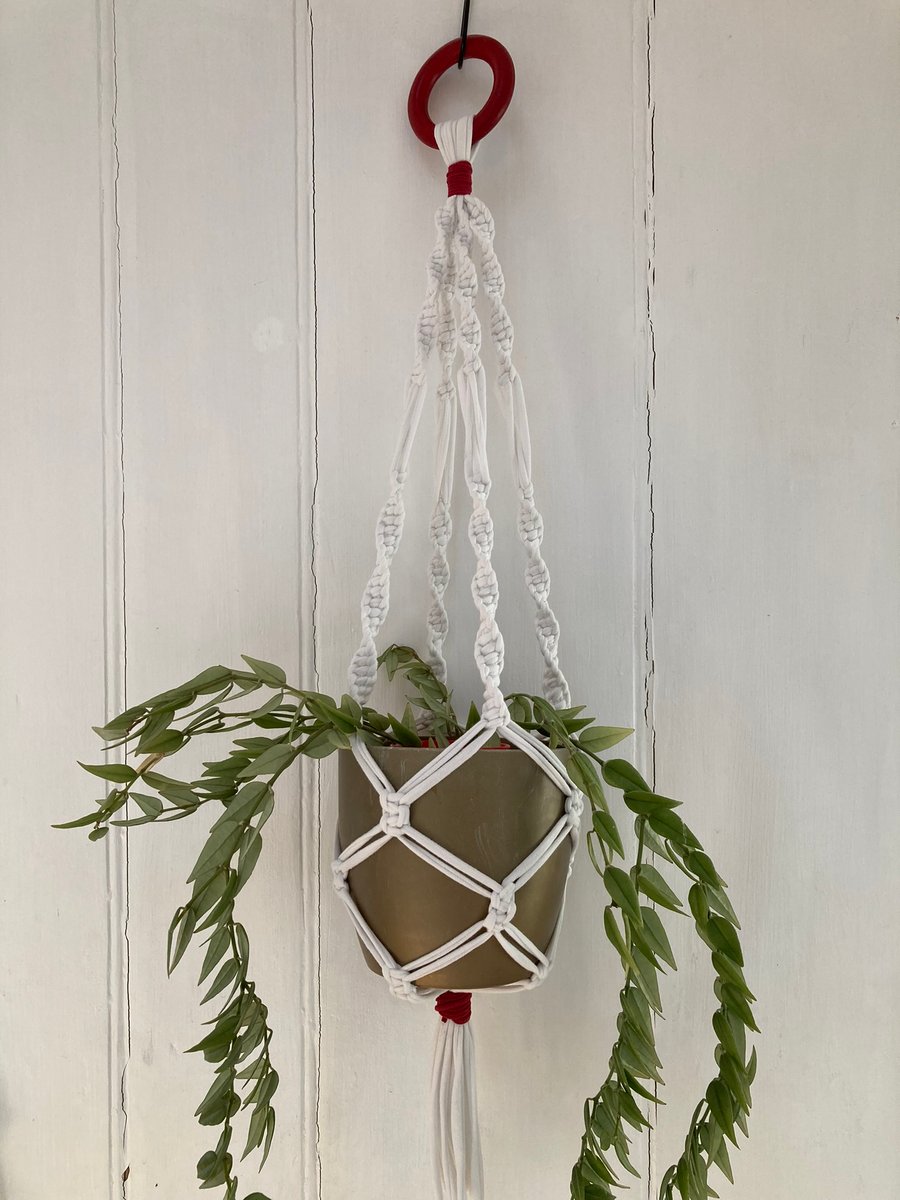 Macrame plant holder made from up-cycled, white tee shirt