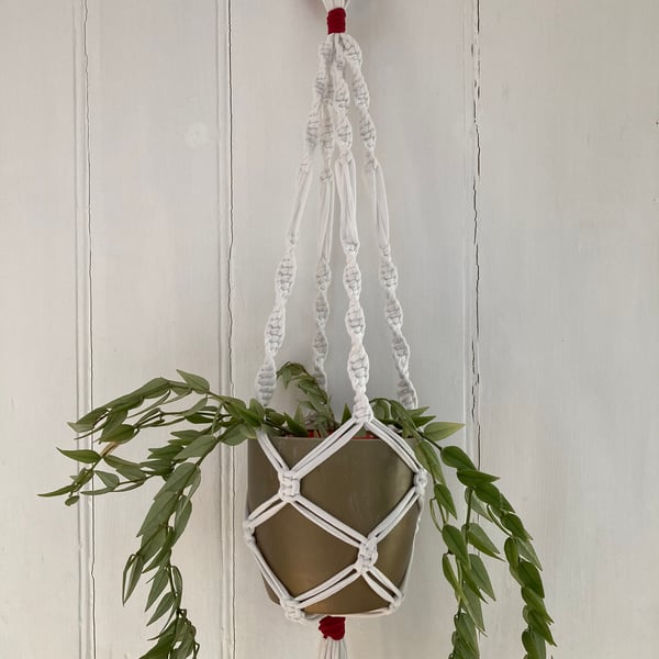 Macrame plant holder made from up-cycled, white tee shirt