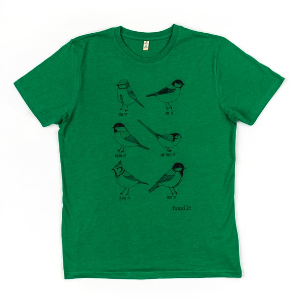 Mens green recycled garden birds T-shirt featuring 6 species of bird (tits)