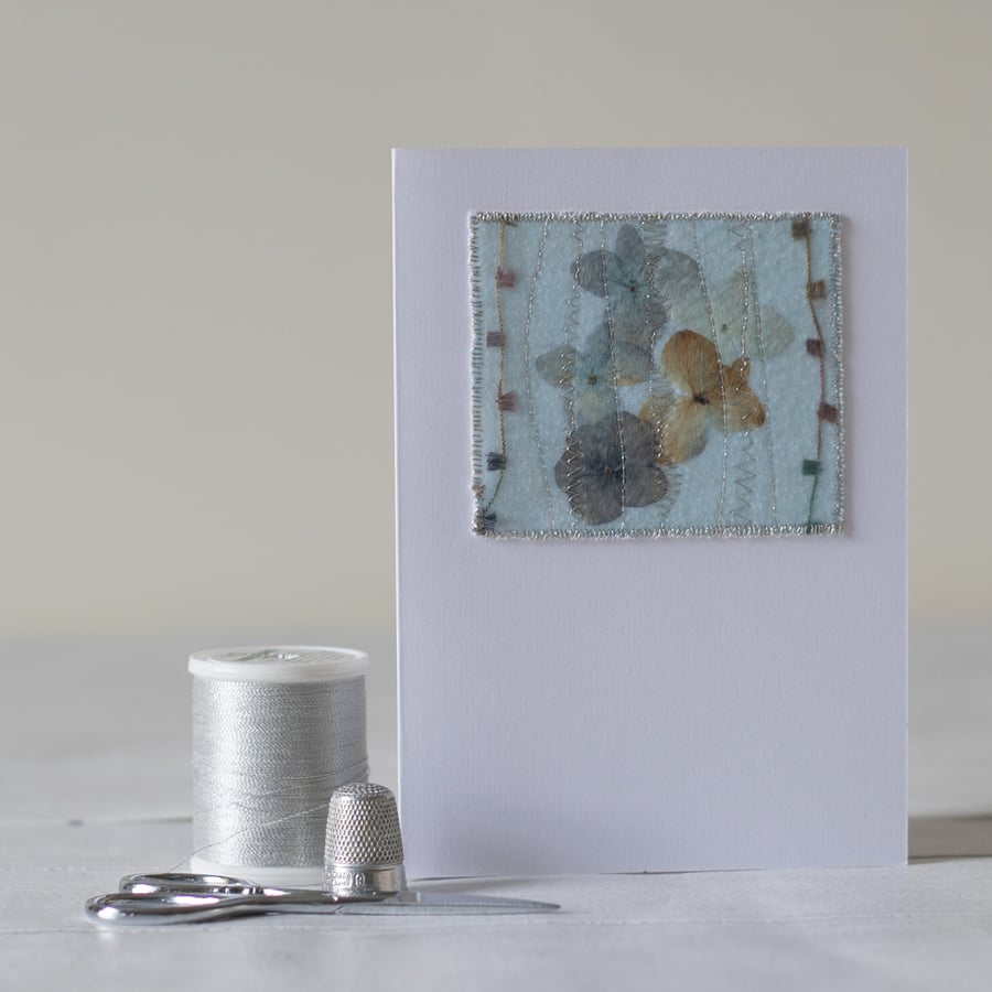 Blank Pressed Flower Hydrangea Mixed Media Textile Greetings Card 