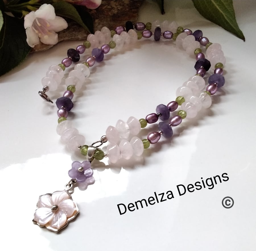 Rose Quartz, Freshwater Pearl, Peridot & Amethyst Necklace Sterling silver