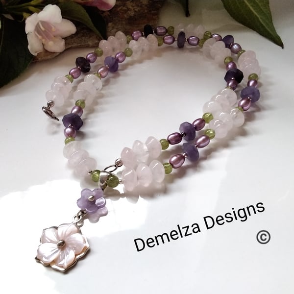 Rose Quartz, Freshwater Pearl, Peridot & Amethyst Necklace Sterling silver