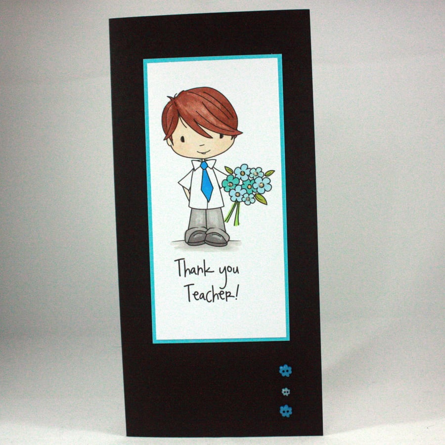 Thank you teacher card - schoolboy with flowers