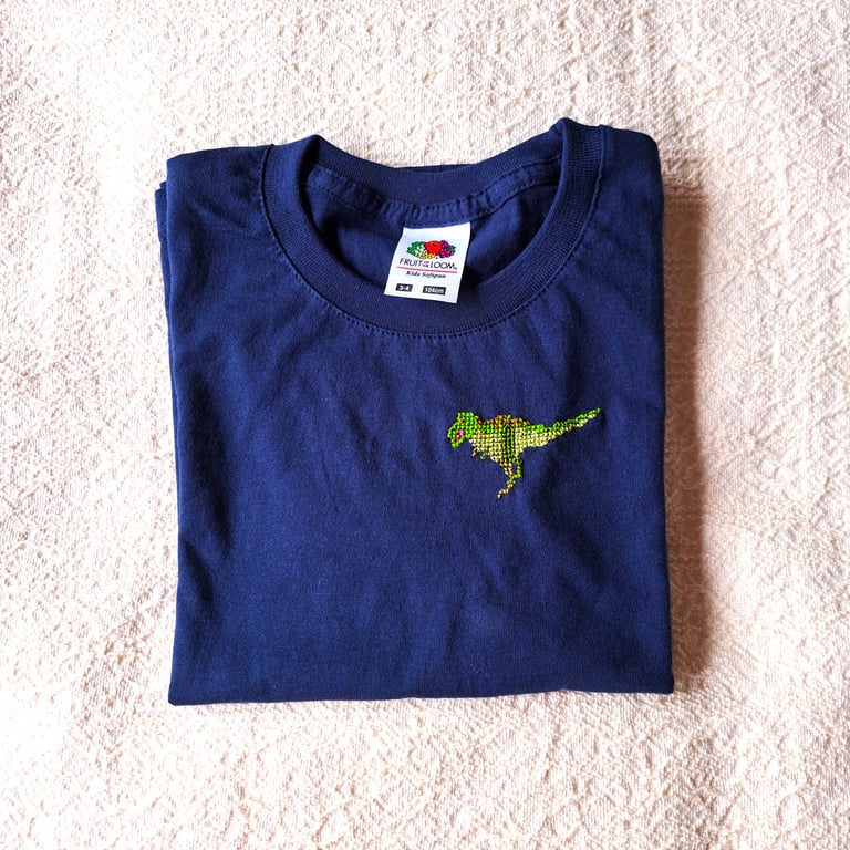 Dinosaur T-shirt, T-rex, age 3-4 years, hand embroidered