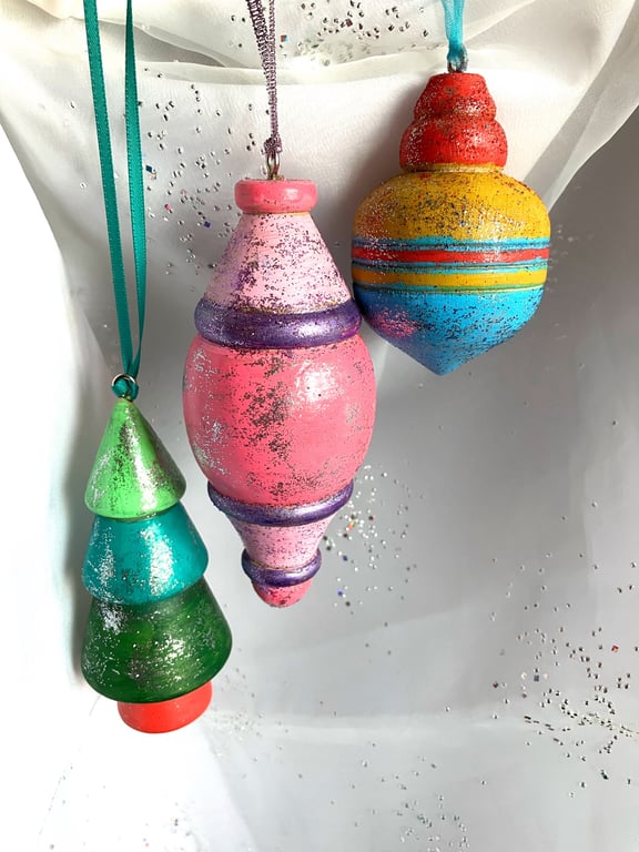3 original hand painted Christmas tree decorations