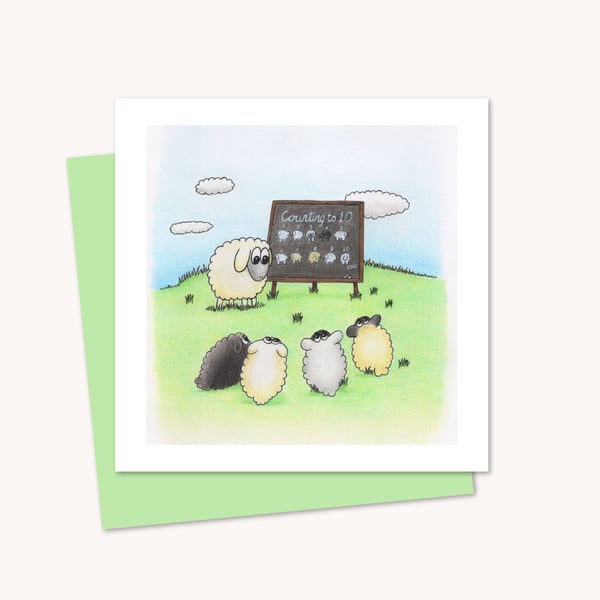 Counting Sheep Greetings Card: Cute Lambs Maths Lesson Illustration (216)