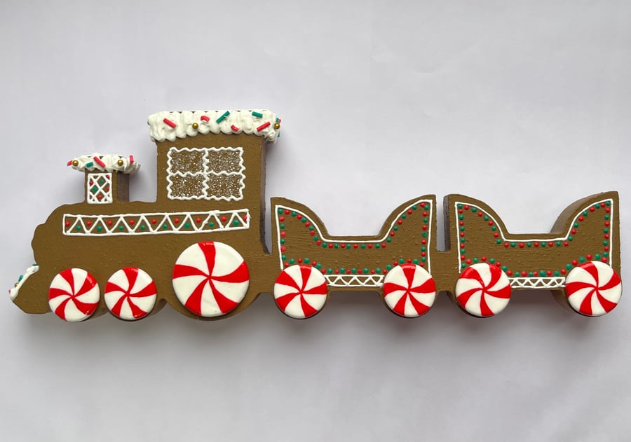 Christmas Decorations Gingerbread Style Wooden Train Handmade - READY TO SHIP