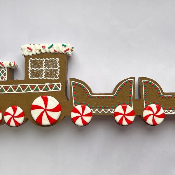 Christmas Decorations Gingerbread Style Wooden Train Handmade - READY TO SHIP