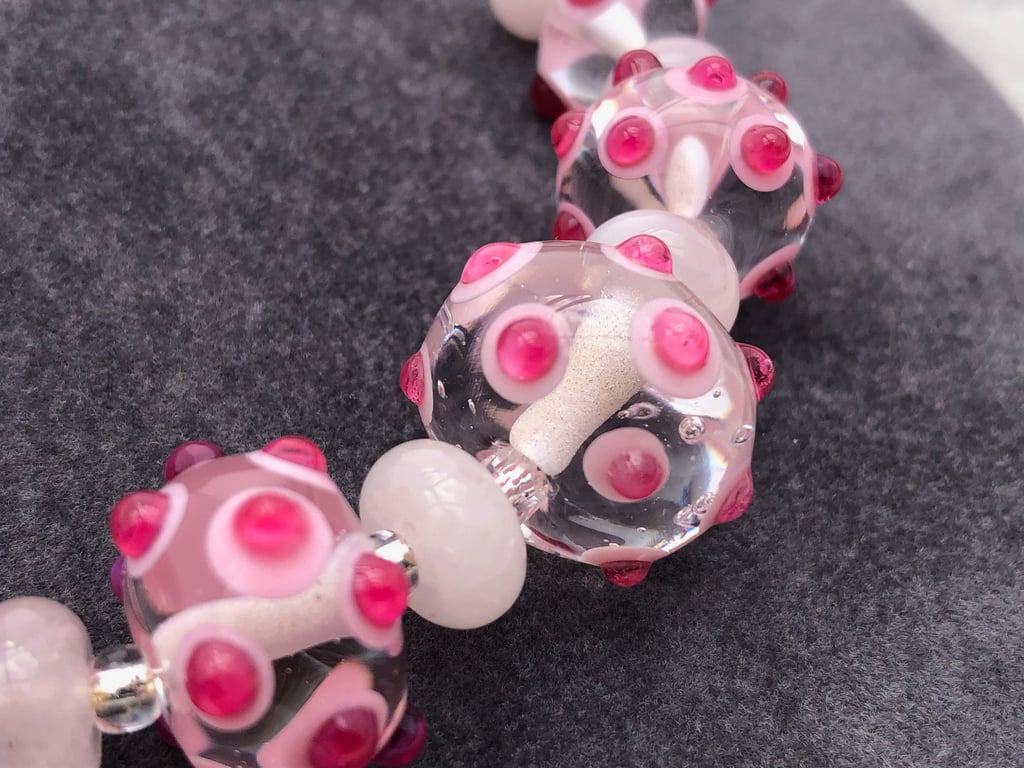 pink, clear lampwork glass and rose quartz necklace and earring set