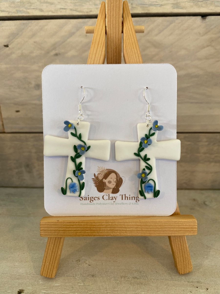 Cottagecore Floral Cross Earrings, Blue Flower Clay jewellery
