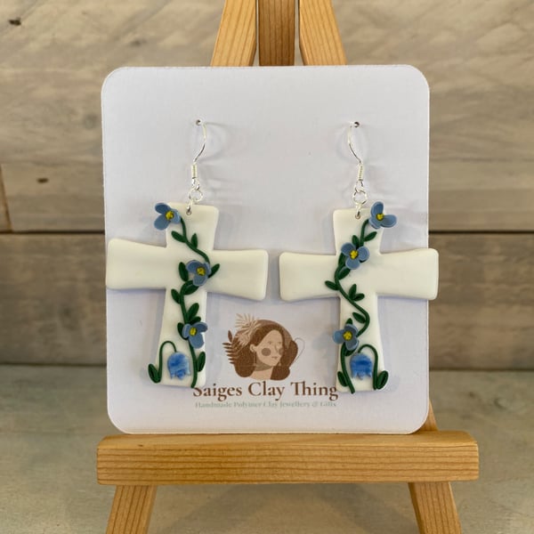 Cottagecore Floral Cross Earrings, Blue Flower Clay jewellery