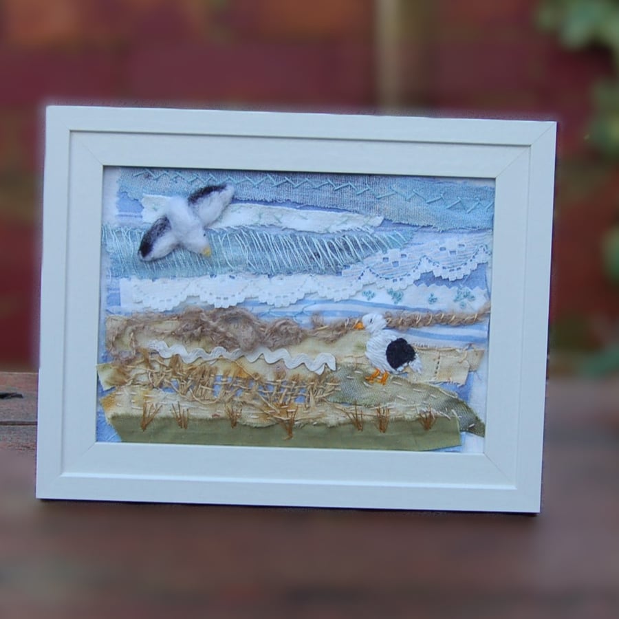 Norfolk Marsh landscape.  Slow Stitched Textile Art coastal scene. 