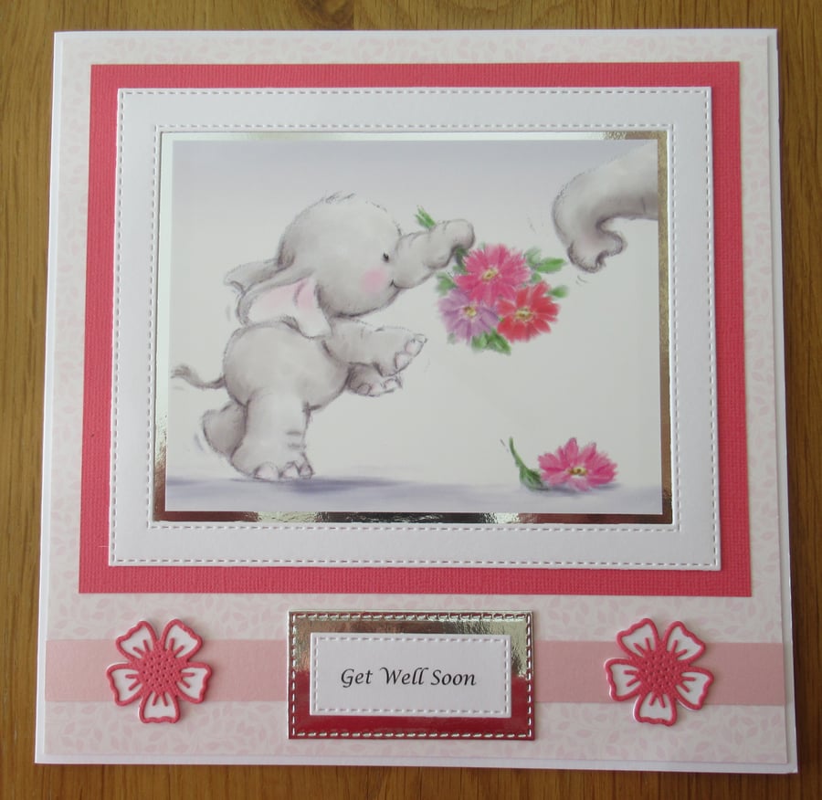 A Baby Elephant With Flowers - 8x8" Get Well Soon Card 