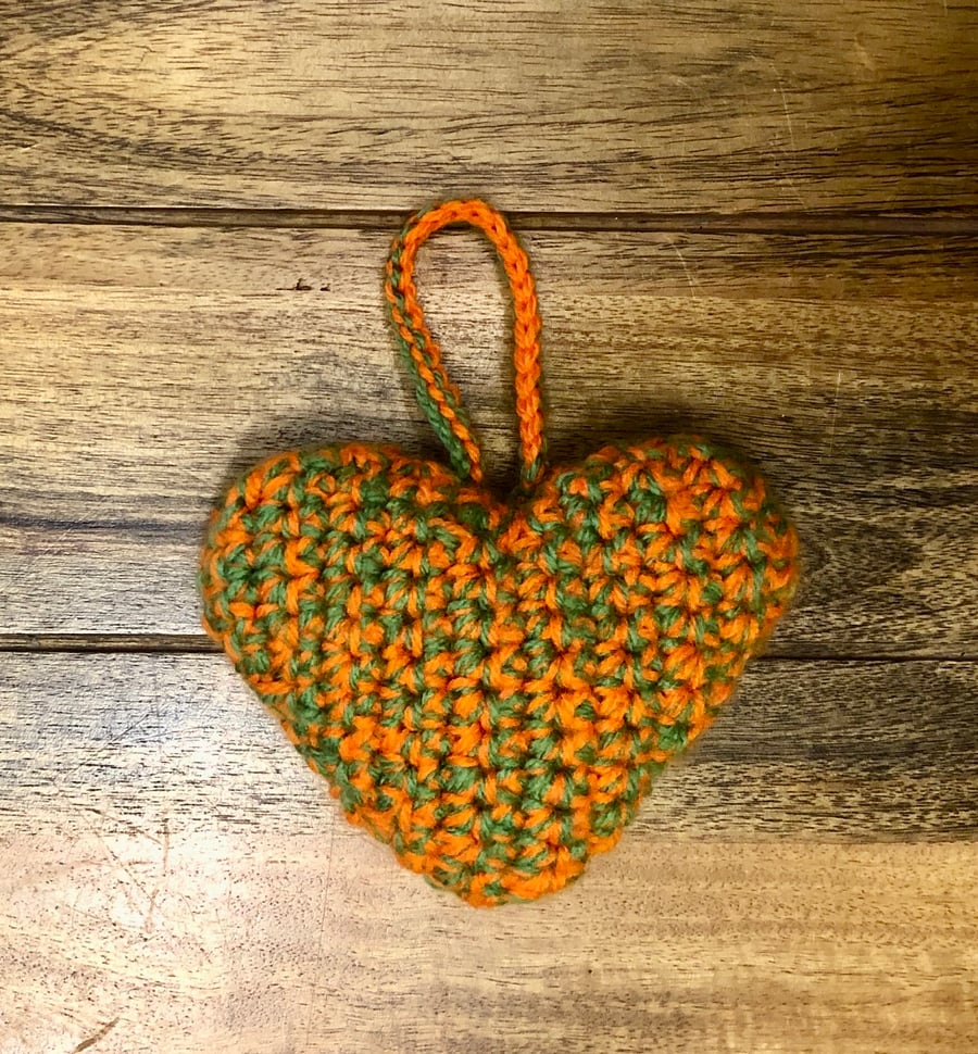 Two tone bright orange and apple green padded hanging heart. Handmade and croche