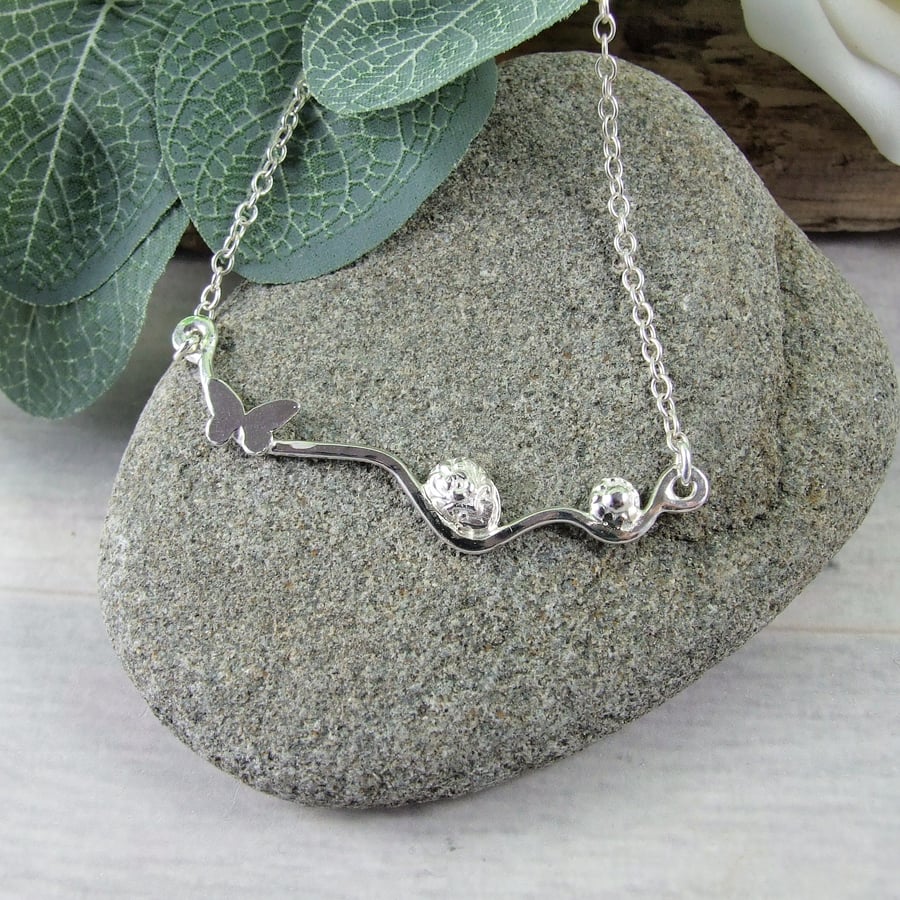 Silver Necklace, Butterfly and Flower Wavy Bar