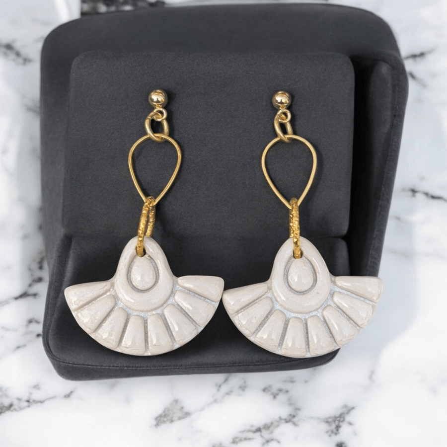 Fan shaped off white, handmade polymer clay Earring with gold findings 