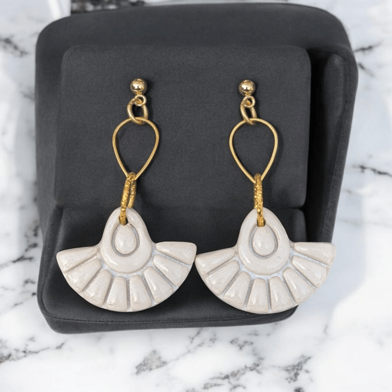 Fan shaped off white, handmade polymer clay Earring with gold findings 