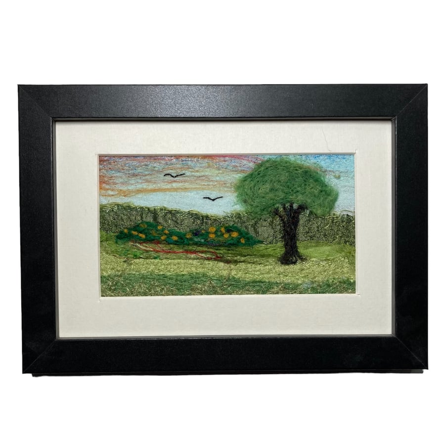 Lone tree at sunrise, original textile art, needle felted, 6 x 4 framed