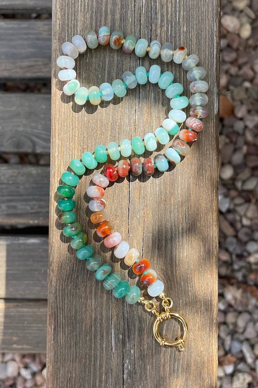 Mint Choc Chip Hand Knotted Beaded Gemstone Necklace
