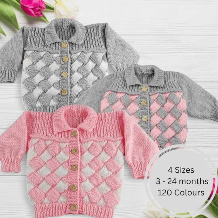 Hand Knitted Baby Cardigan Woven Pattern Custom Colours Newborn to 2 Years