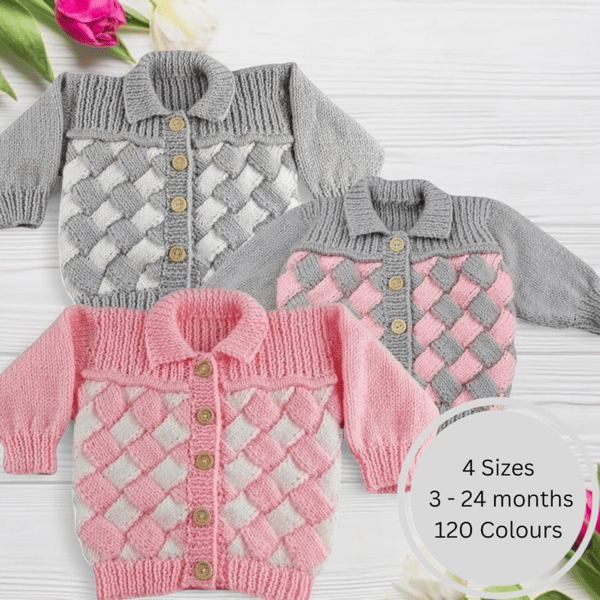 Hand Knitted Baby Cardigan, Custom Colours, Woven Pattern, Gender Neutral 