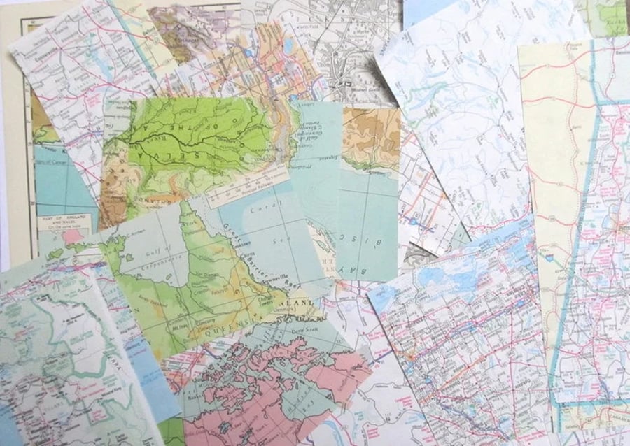Vintage map scrap pack: 50 small pieces for scrapbooks, craft, decoupage