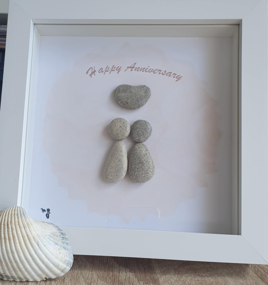Happy Anniversary Love Pebble Art Frame, Unique Couple Gift, Handmade Stone Art