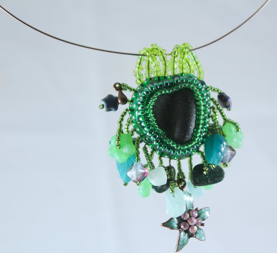 Green Sea Glass Heart Pendant with Flower