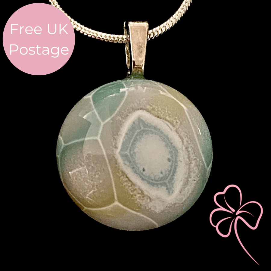 Citronelle & Teal Bubbles Fused Glass Pendant Necklace 