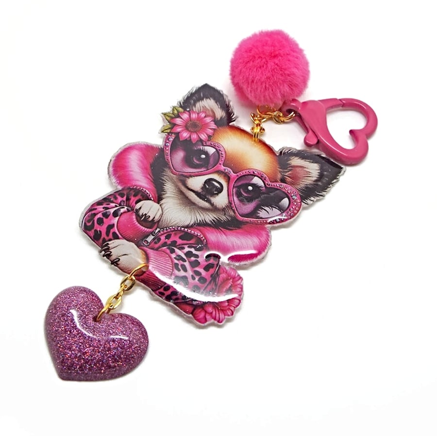 Pink Chihuahua Bag Charm with PomPom and Heart