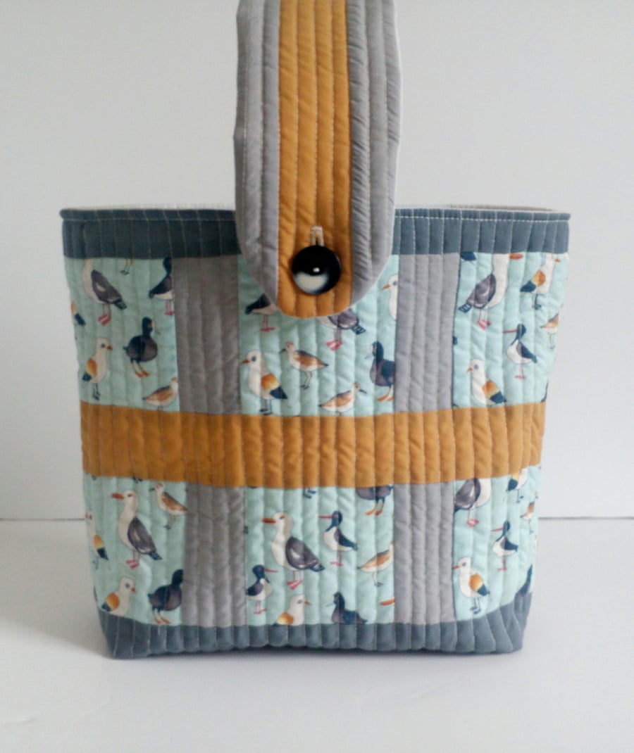 Quilted Hobby bag, project bag, quilt as you go bag, seagulls bag 