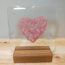 Fused glass heart on oak stand. Ideal for Valentine