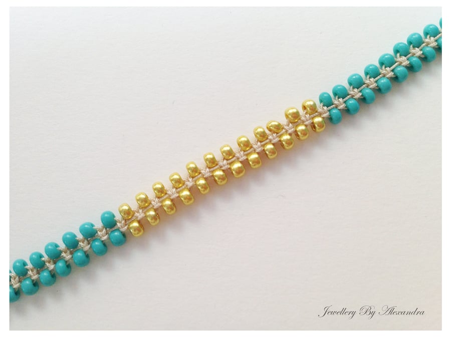 Seed Bead and Satin Cord Bracelet-Teal and Gold