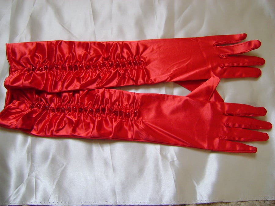 Red Ruffle Long Beaded Gloves