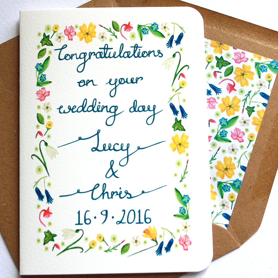 Personalised calligraphy wildflower congratulations wedding card