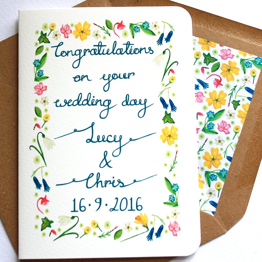thumbnail image 2 of Personalised Wedding Day Congratulations Card – Handmade, Floral, Green & Pink 2 of 6