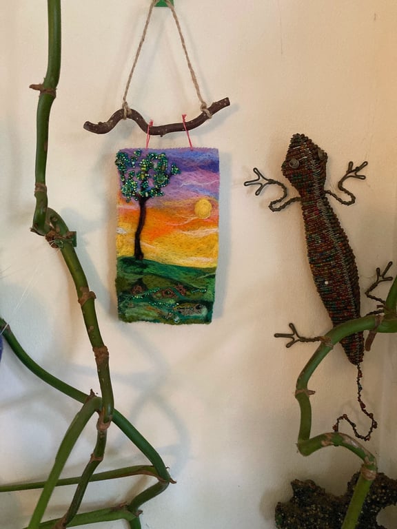 Needle felted sunset tree wall hanging 