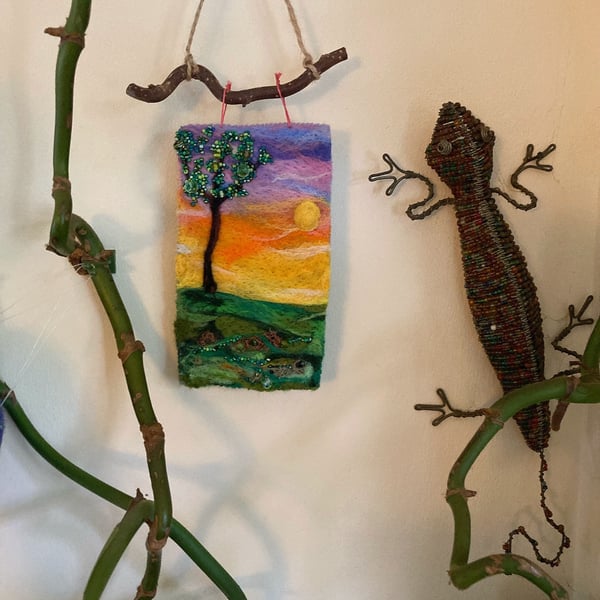 Needle felted sunset tree wall hanging 