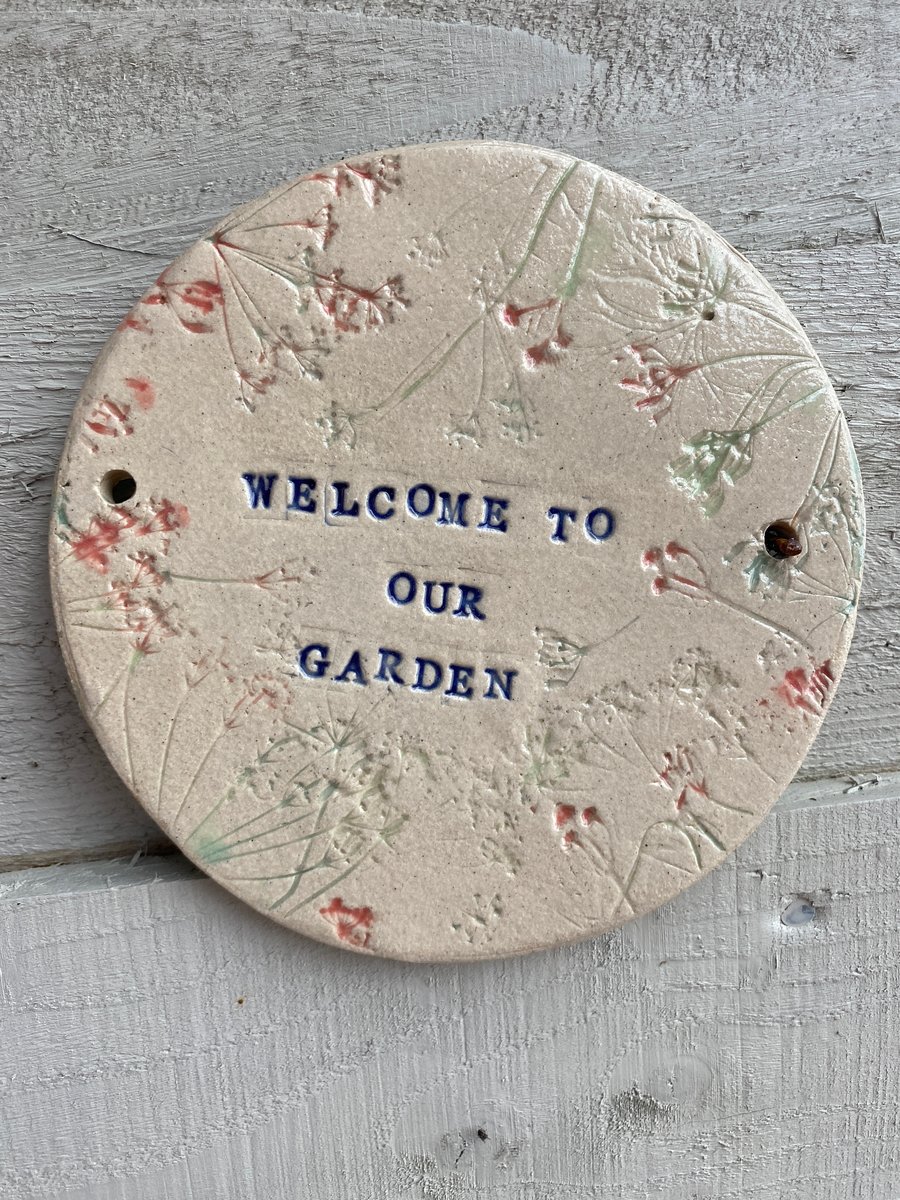 Garden sign, Welcome to our garden pink, glazed ceramic sign, garden decor, gift