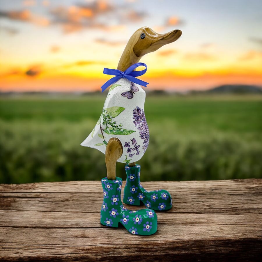 Wooden duck with boots with lilac design Decoupage