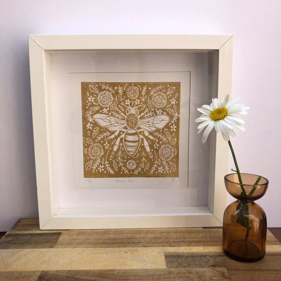 Queen Bee folk art style Lino print 