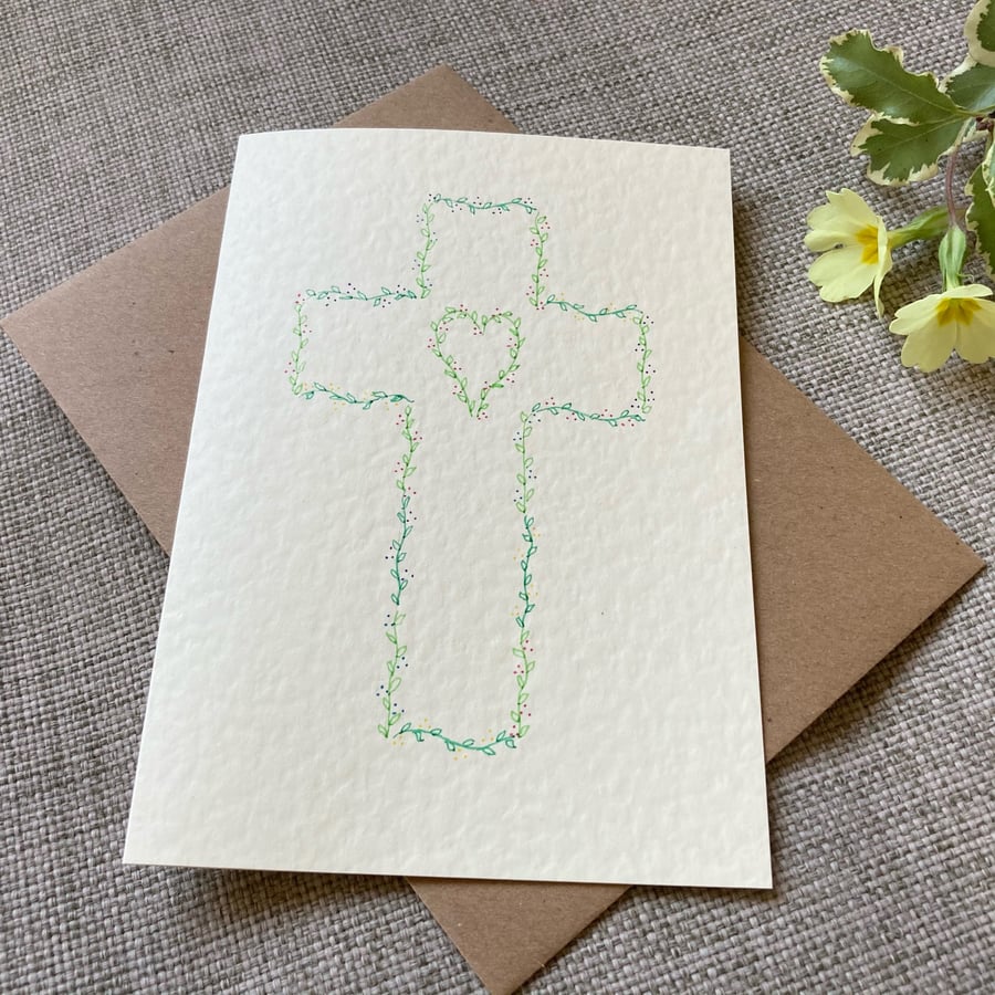 Hand-drawn leaf garland cross card, blank inside, christening, baptism, Easter