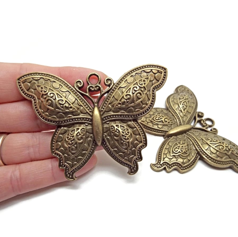 Large Butterfly Pendants in Antique Bronze, 70x52mm for Keyrings, Bag Charms 