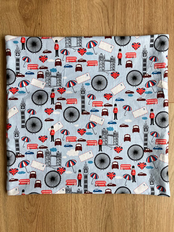 Newly handmade London-themed 45cm square cushion cover